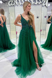 Raquel | Hunter Green Tulle Prom Dress with V-Neck, Beading, and Slit