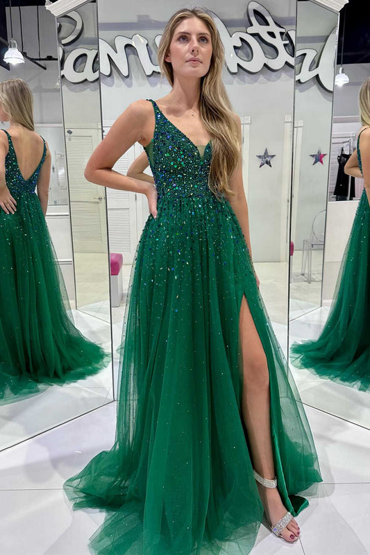 Raquel | Hunter Green Tulle Prom Dress with V-Neck, Beading, and Slit