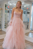 Patsy | Light Pink Strapless Tulle Prom Dress with Sequin Beading and Ruffles