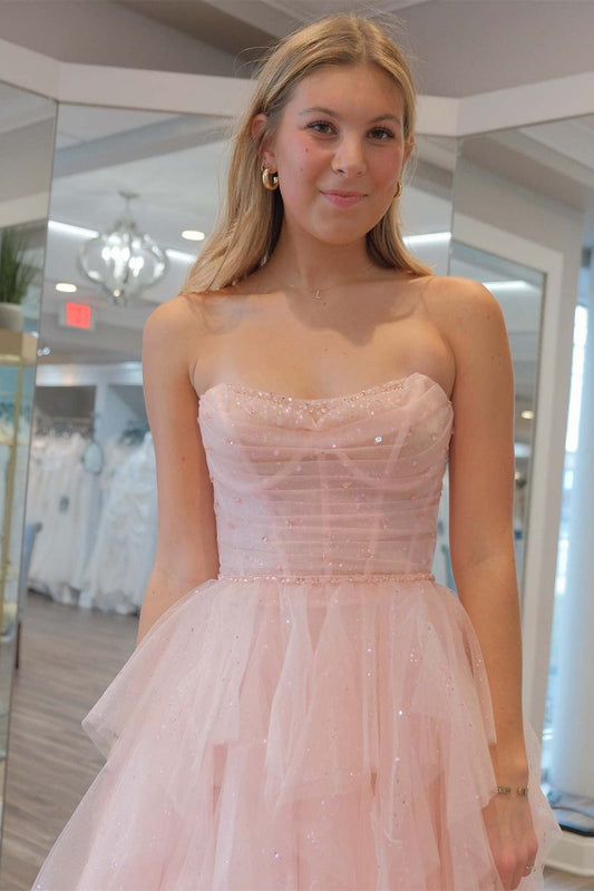 Olivia | Cute A-Line Strapless Pink Tulle Beaded Long Prom Dress