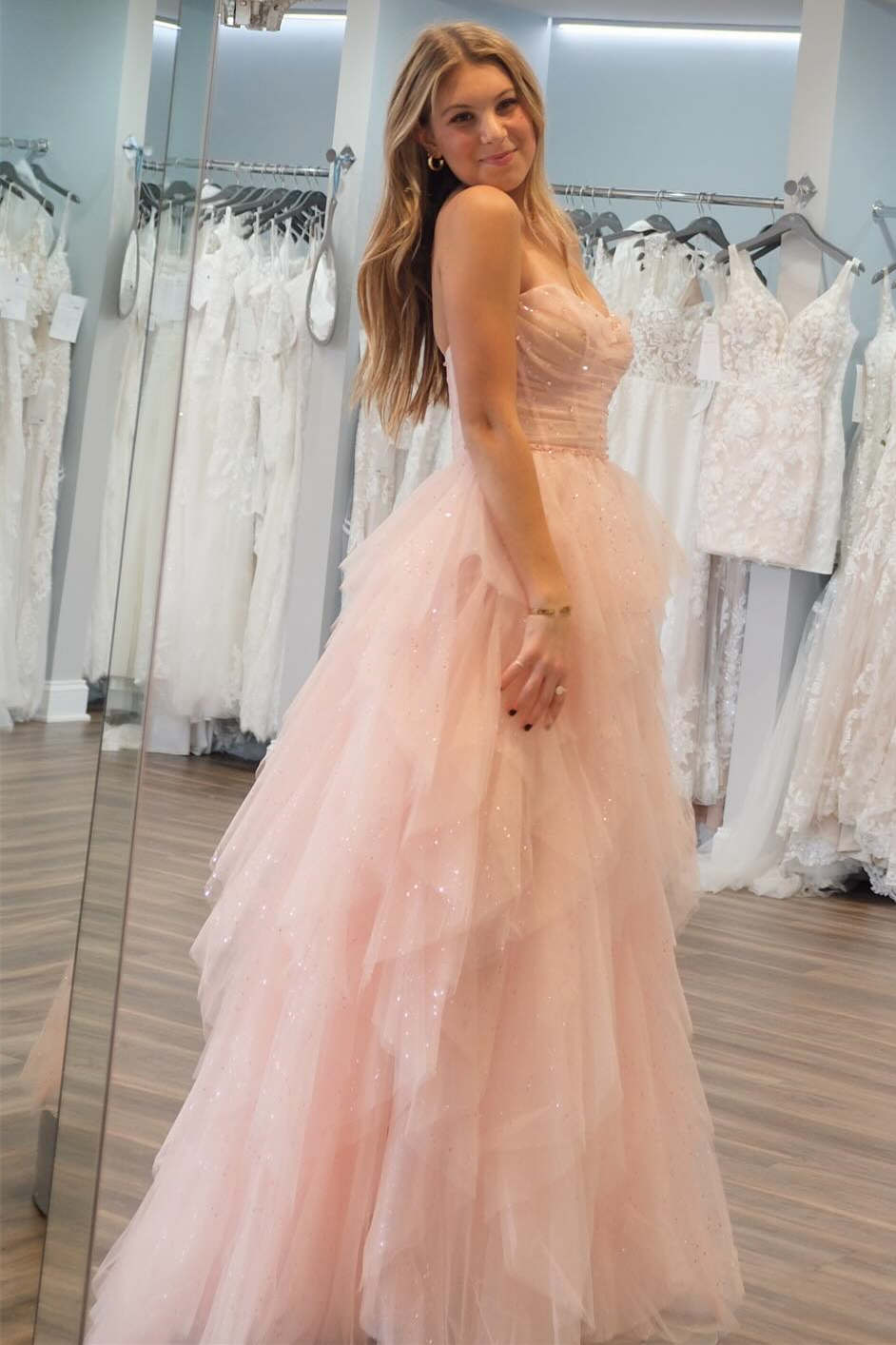 Patsy | Light Pink Strapless Tulle Prom Dress with Sequin Beading and Ruffles