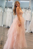 Patsy | Light Pink Strapless Tulle Prom Dress with Sequin Beading and Ruffles