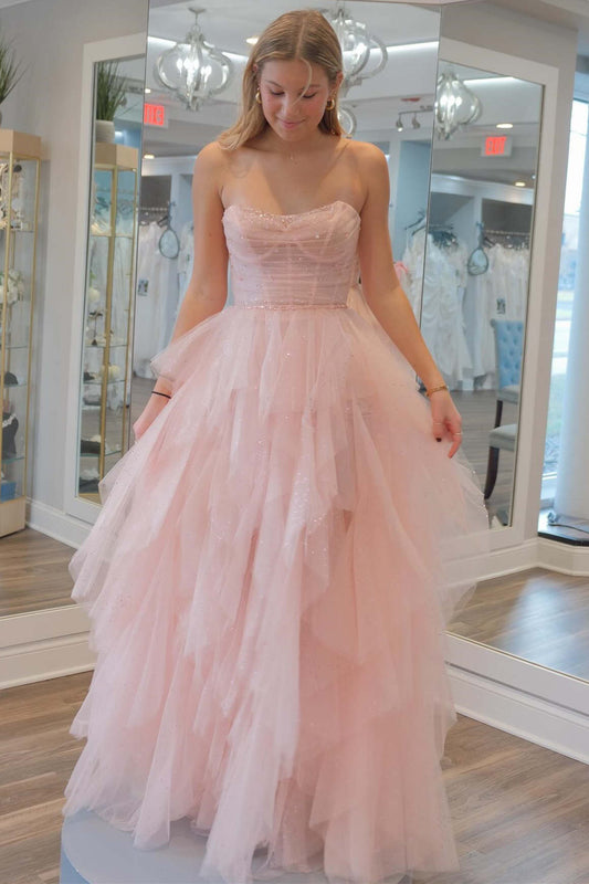 Olivia | Cute A-Line Strapless Pink Tulle Beaded Long Prom Dress