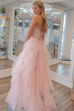 Patsy | Light Pink Strapless Tulle Prom Dress with Sequin Beading and Ruffles