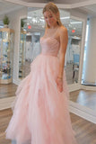 Patsy | Light Pink Strapless Tulle Prom Dress with Sequin Beading and Ruffles