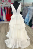 Maya | White Long Formal Dress with V-Neck and Pleated Layered Design