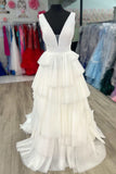 Maya | White Long Formal Dress with V-Neck and Pleated Layered Design