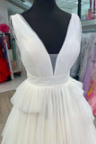 Maya | White Long Formal Dress with V-Neck and Pleated Layered Design