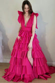 Renee | Plunging V-Neck Fuchsia Ball Gown with Bow Straps and Ruffles