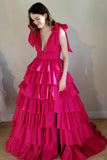 Renee | Plunging V-Neck Fuchsia Ball Gown with Bow Straps and Ruffles