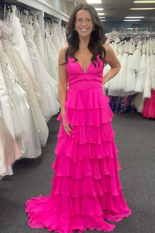 Margot | V-Neck Ruffle Chiffon Prom Dress with Slit