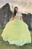 Martina | Light Yellow Off-the-Shoulder Ruffle Layered Prom Dress