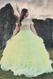 Martina | Light Yellow Off-the-Shoulder Ruffle Layered Prom Dress