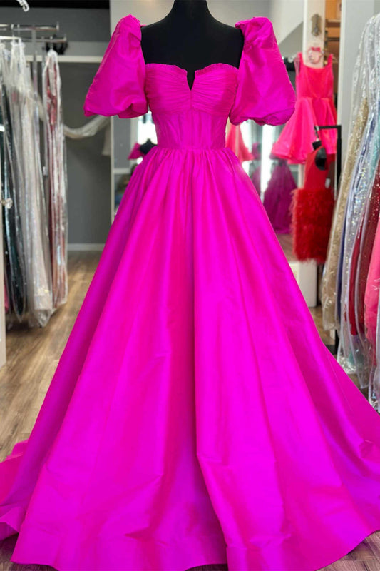 Lynette | Fuchsia A-Line Prom Dress with Square Neck and Puff Sleeves