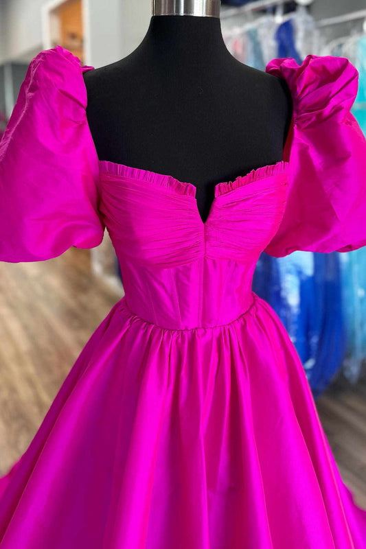 Lynette | Fuchsia A-Line Prom Dress with Square Neck and Puff Sleeves