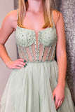 Madeline | Sage Green A-Line Tulle Prom Dress with Sequin Beading and Straps