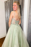 Madeline | Sage Green A-Line Tulle Prom Dress with Sequin Beading and Straps