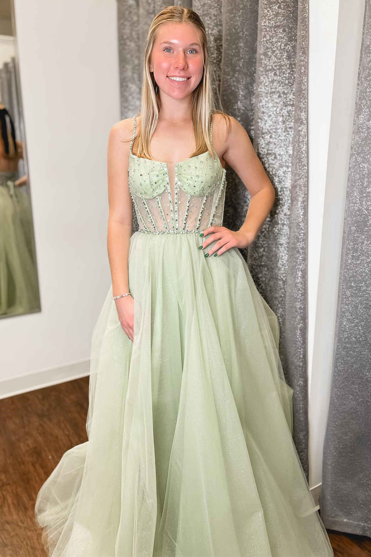 Madeline | Sage Green A-Line Tulle Prom Dress with Sequin Beading and Straps