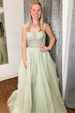 Madeline | Sage Green A-Line Tulle Prom Dress with Sequin Beading and Straps