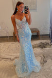 Margaret | Light Blue V-Neck Mermaid Prom Dress with Sequin Appliques