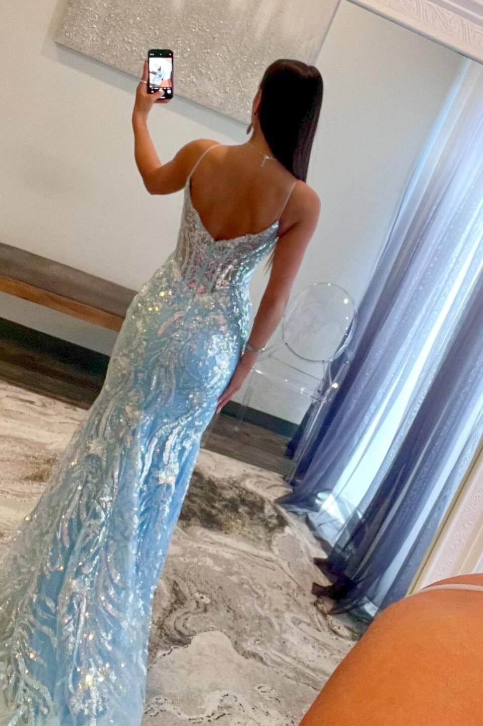 Margaret | Light Blue V-Neck Mermaid Prom Dress with Sequin Appliques