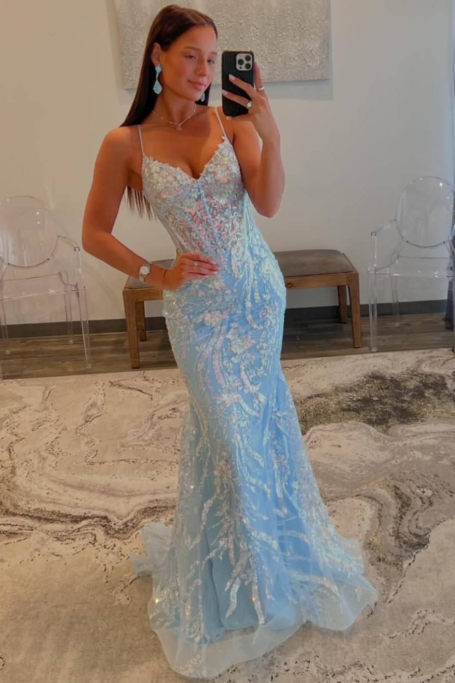 Margaret | Light Blue V-Neck Mermaid Prom Dress with Sequin Appliques