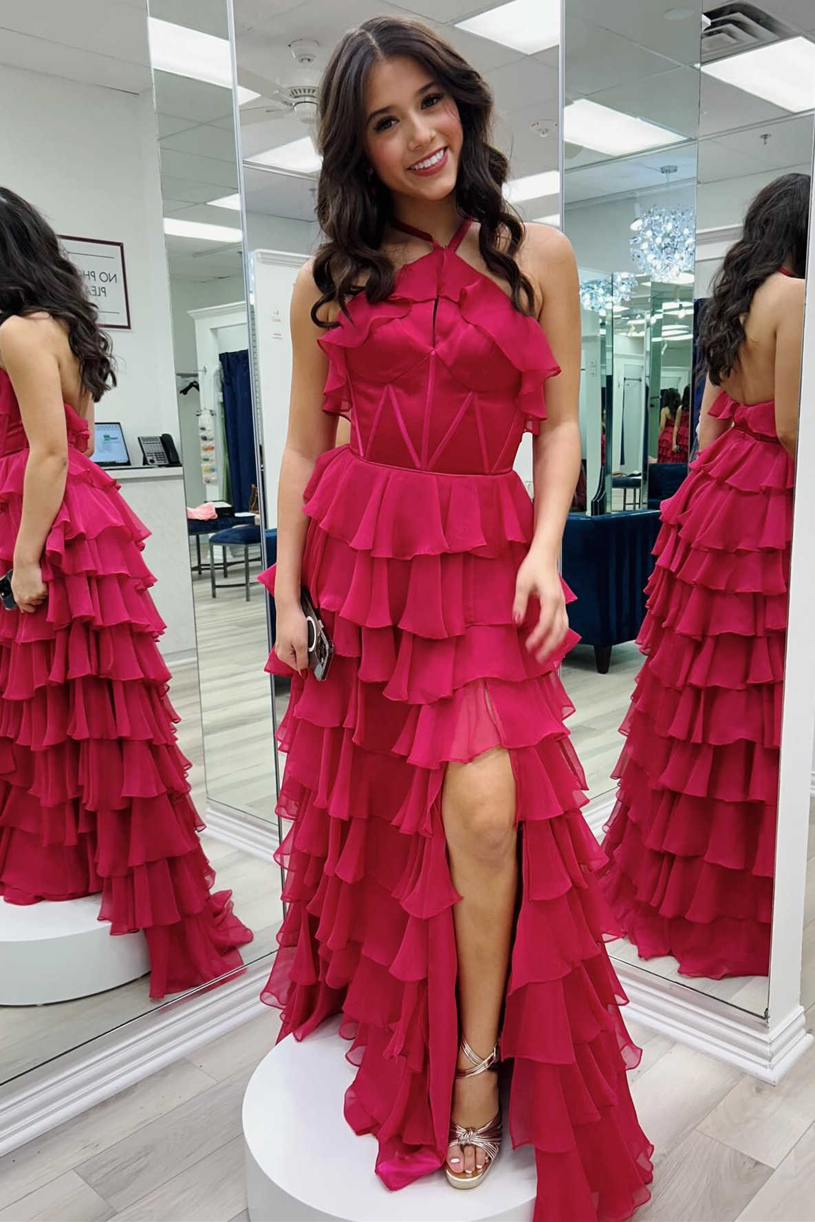 Halter Keyhole Ruffle Tiered Prom Dress with Slit