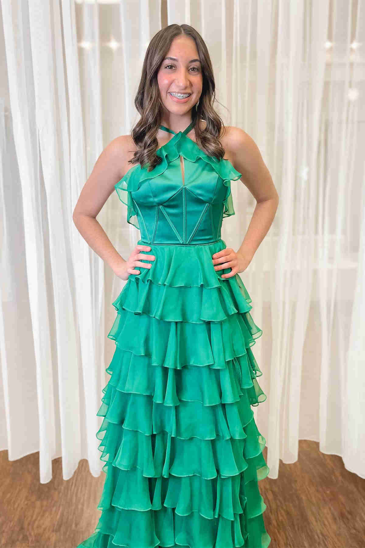 Halter Keyhole Ruffle Tiered Prom Dress with Slit