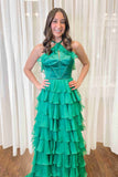 Halter Keyhole Ruffle Tiered Prom Dress with Slit