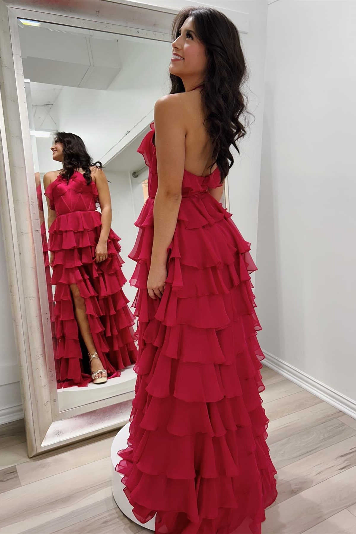 Halter Keyhole Ruffle Tiered Prom Dress with Slit