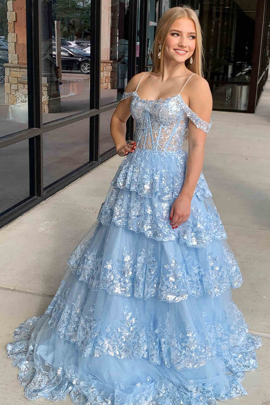 Maureen | Long Prom Dress with Cold-Shoulder Design, Tulle, and Sequin Ruffle Tiered Details