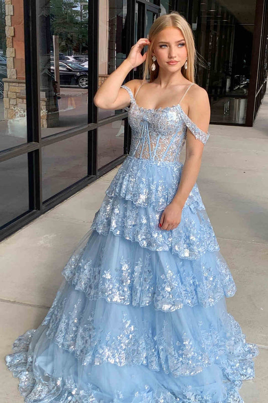 Maureen | Long Prom Dress with Cold-Shoulder Design, Tulle, and Sequin Ruffle Tiered Details