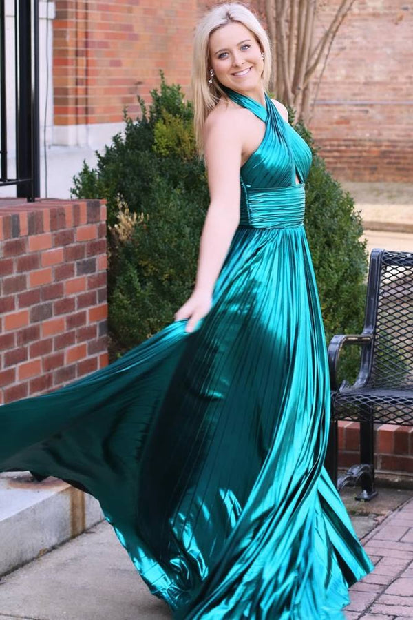 Peacock Blue Halter Neck A-Line Long Prom Dress With Split