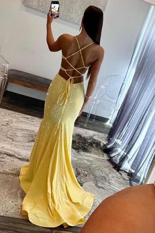 Charming Mermaid V-Neck Yellow Sparkly Satin Long Prom Dress