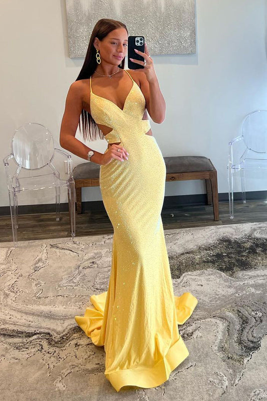 Charming Mermaid V-Neck Yellow Sparkly Satin Long Prom Dress