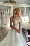 Sparkling A-Line One-Shoulder Tulle Wedding Gown with Bowknot and Train