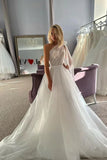 Sparkling A-Line One-Shoulder Tulle Wedding Gown with Bowknot and Train