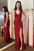 Glitter | Red V-Neck Long Prom Dress with Tassels