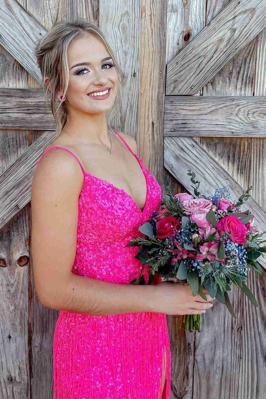 Glitter | Red V-Neck Long Prom Dress with Tassels