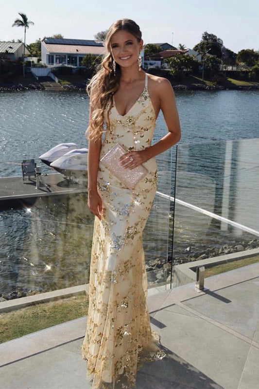 Kara | Gold Sequined Lace-Up Mermaid Prom Dress