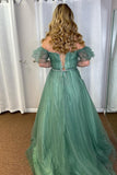 Lilyana | Sea Glass Tulle A-Line V-Neck Off-Shoulder Long Prom Dress