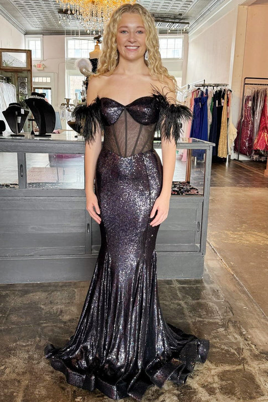 Glamorous Black Sequin Mermaid Prom Dress with Feather Details