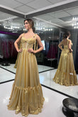 Cute A-Line Gold Metallic Satin Long Prom Dress with Straps