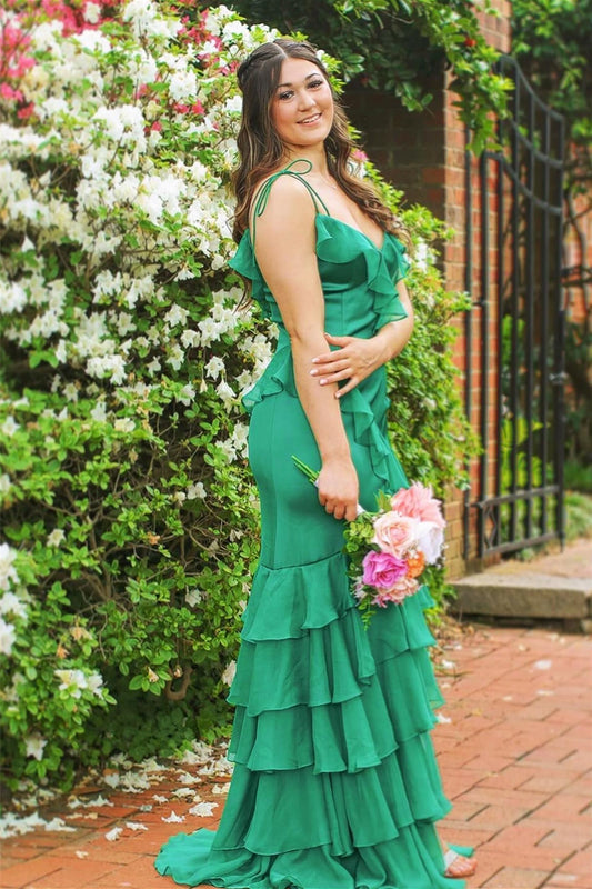 Cute Sheath Tie Shoulder Pink Chiffon Ruffle Tiered Long Prom Dress with Slit