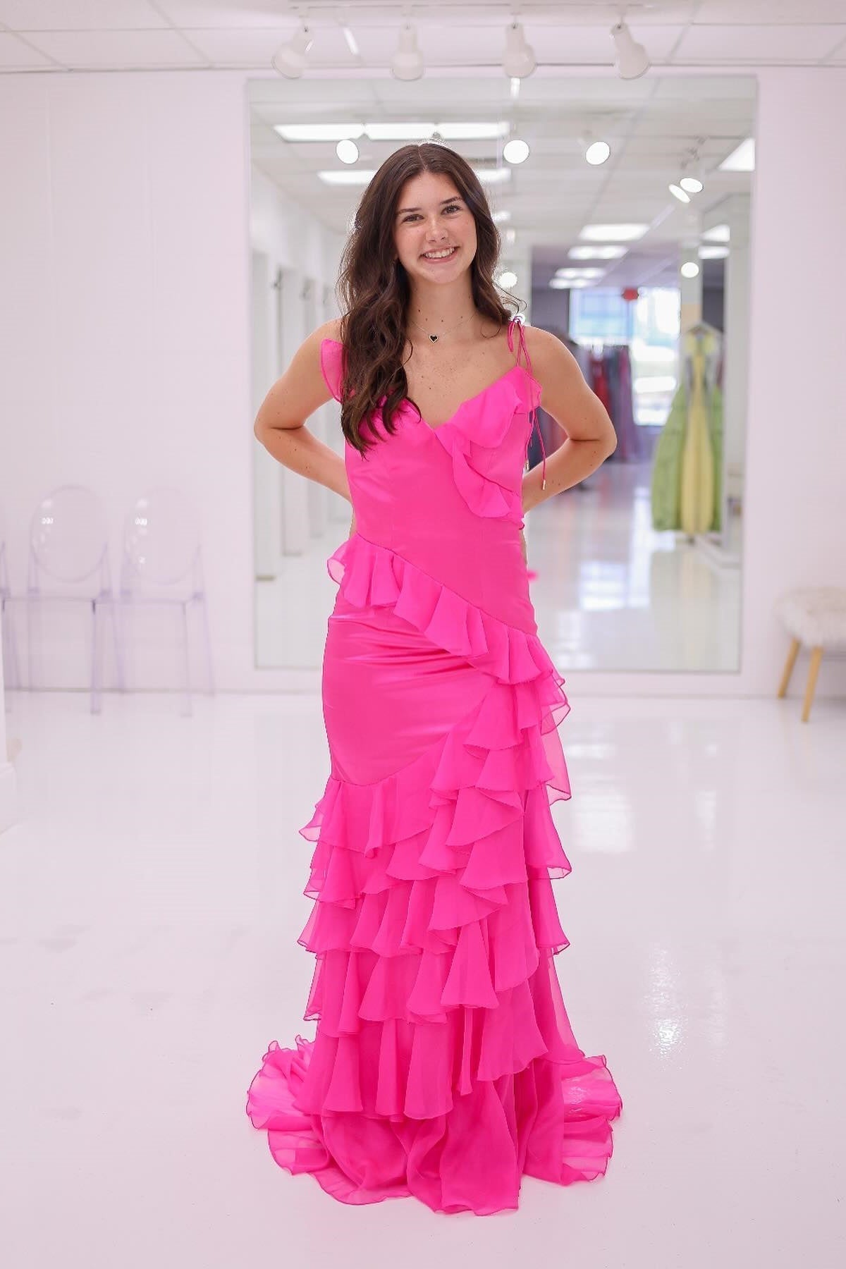 Cute Sheath Tie Shoulder Pink Chiffon Ruffle Tiered Long Prom Dress with Slit