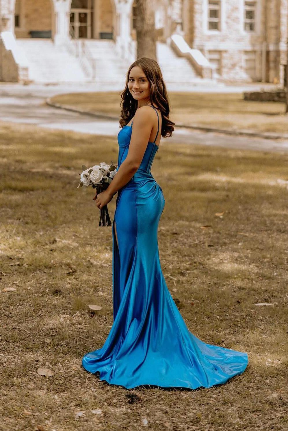 Cute Mermaid Sweetheart Royal Blue Satin Long Prom Dress with Slit