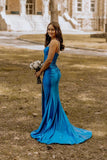 Cute Mermaid Sweetheart Royal Blue Satin Long Prom Dress with Slit