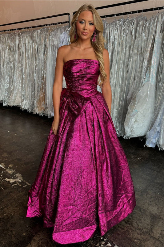 Adeline | Cute Fuchsia Ball Gown Strapless A-Line Long Prom Dress with Bow