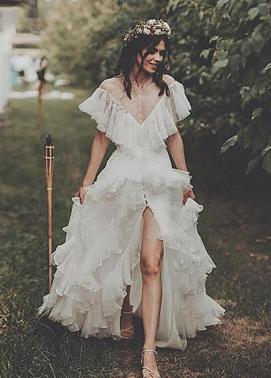 High Split A-Line See-through Ruffle Tulle Wedding Brides Dress