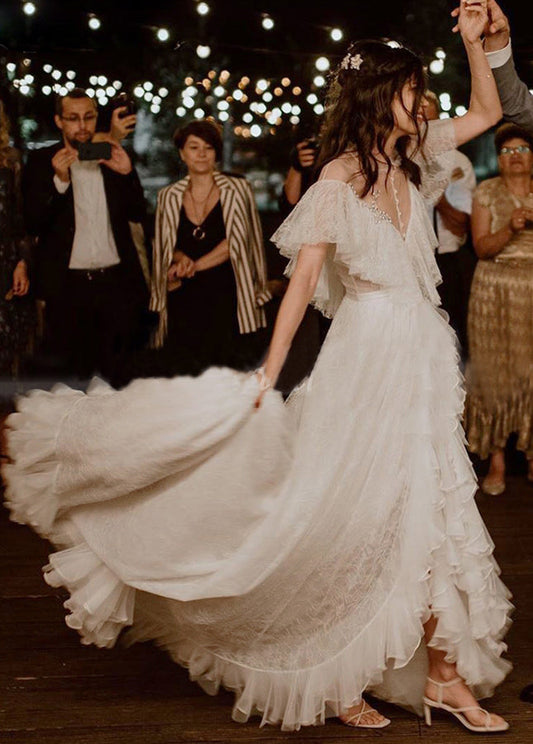 High Split A-Line See-through Ruffle Tulle Wedding Brides Dress
